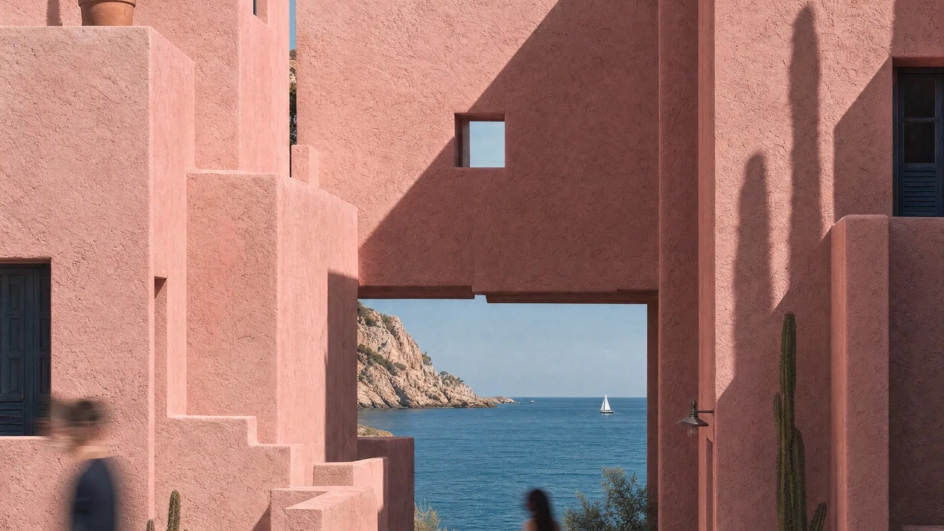 Stepped terracotta volumes opening to the sea