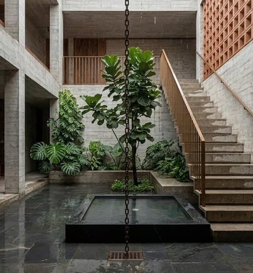 Courtyard with a single tree over a dark reflecting pool