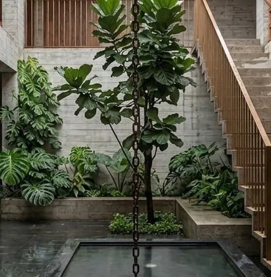 The same courtyard with denser planting along the stair