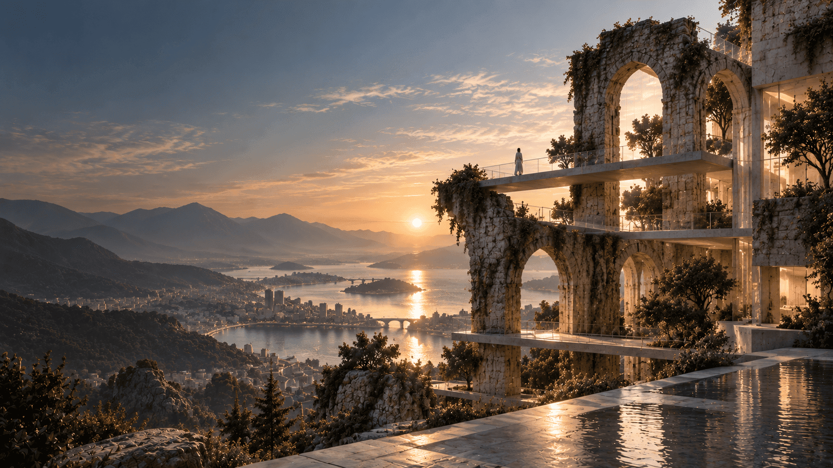 Old stone arcades carried into a new building of glass terraces above a bay at sunset