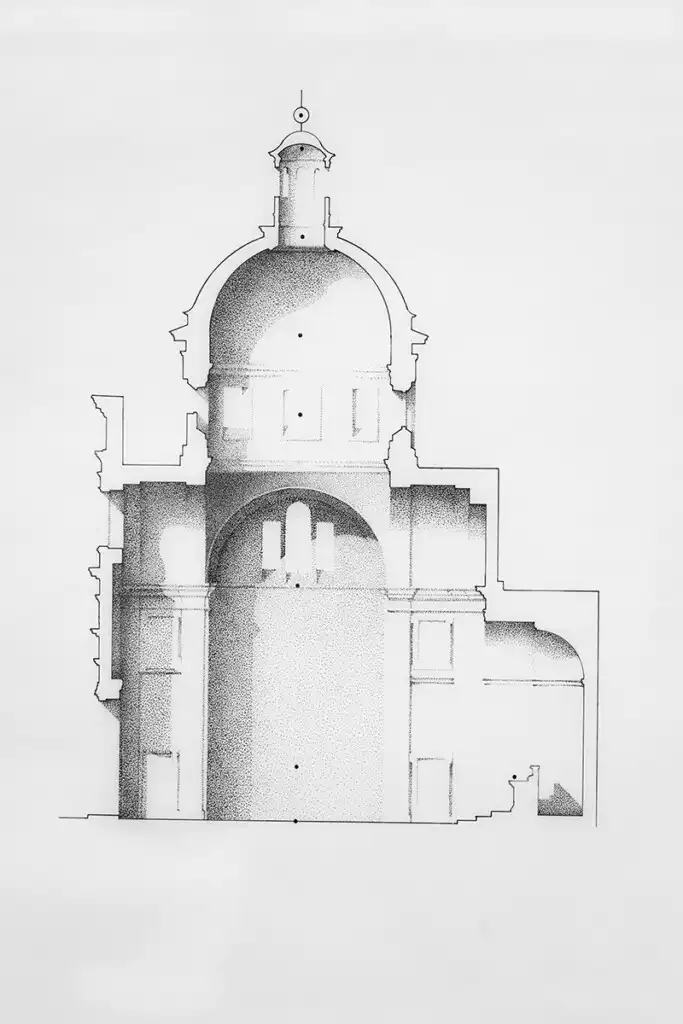 A sectional drawing attributed to Robin Evans, exemplifying his argument that architectural representation is inherently partial, fragmented, and evocative — never fully complete or transparent. Robin Evans: Drawings for Thinking © Harvard Graduate School of Design